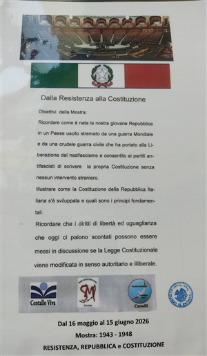 Mostra 1943-1948: Resistenza, Repubblica e Costituzione dal 16 maggio al 15 giugno 2026 presso la Biblioteca Civica